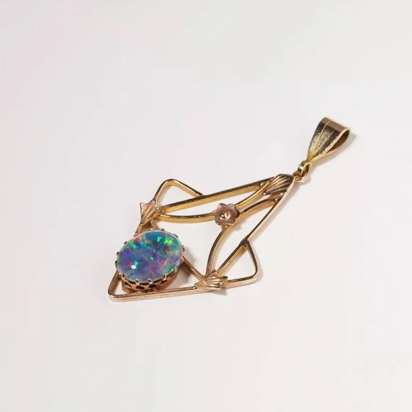 Antique Art Nouveau Australian Opal Triplet Lavaliere Pendant 9K Gold - Picture 10 of 15